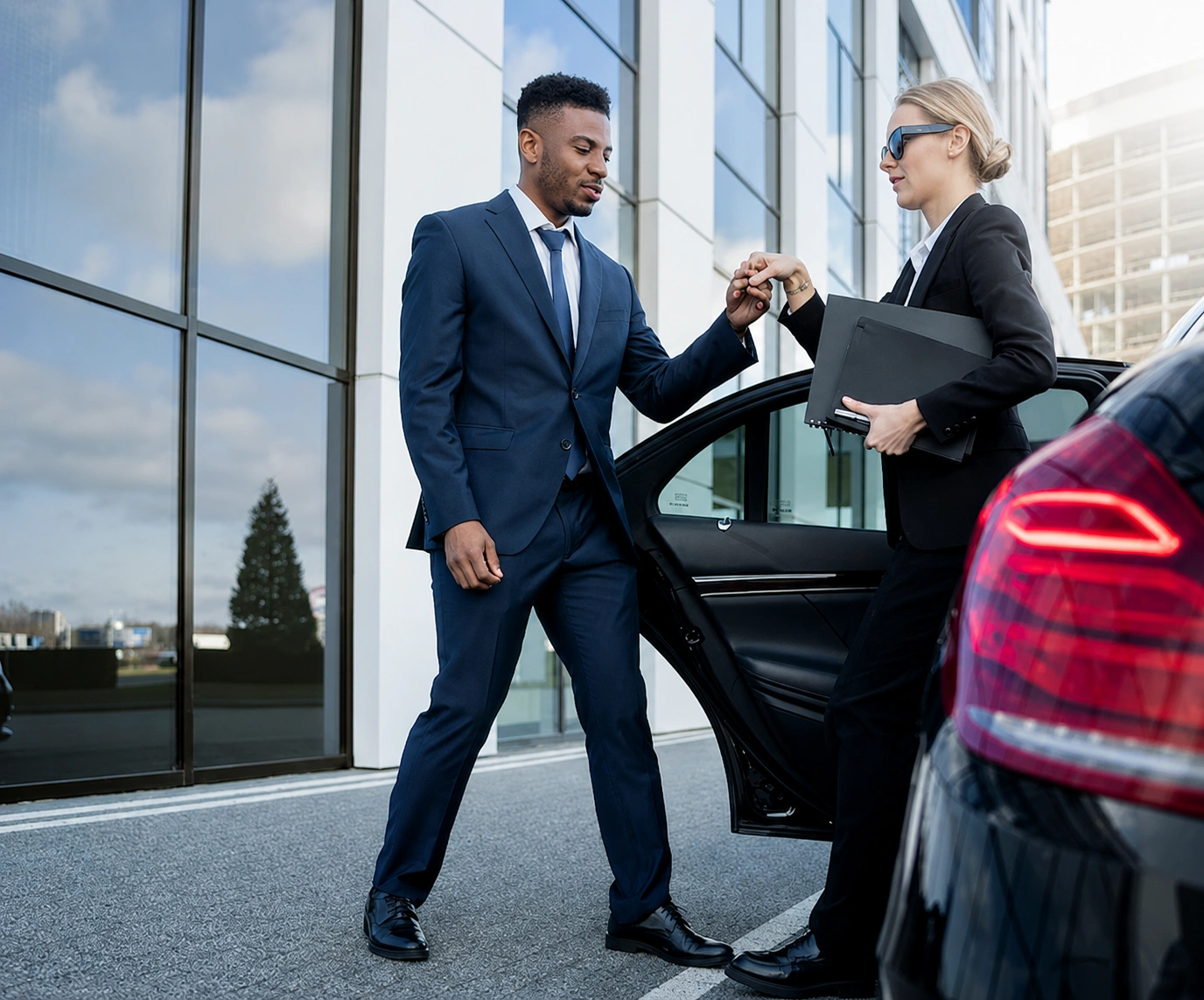 Business associates greeting beside a car