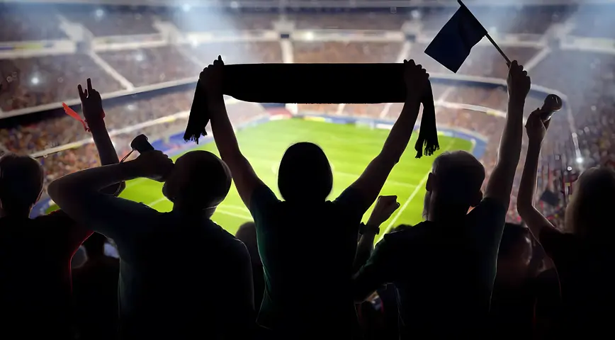 Fans celebrating with a flag